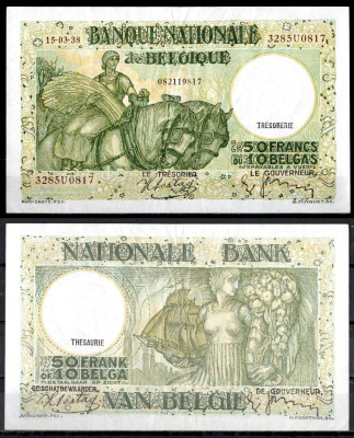 Бельгия 50 франков = 10 бельгас 1938 Женщина со снопом зерна, лошадьми, аллегорическая женщина с парусным кораблем и рогом изобилия Pick 106(2) бумага 451-1085-3