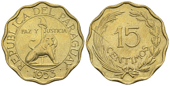Парагвай 15 сентимо 1953 лев, фригийский колпак на шесте KM 26 алюминиевая бронза  aUNC  4177-1047