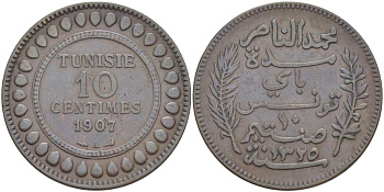 Тунис 10 сантимов 1907 АН1325, Мухаммад V ан-Насир KM 236 бронза 4526-216