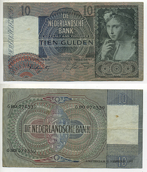 НИДЕРЛАНДЫ 10 ГУЛЬДЕНОВ 1942 15393 Pick 56b бумага 7553-28-1