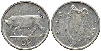ИРЛАНДИЯ 5 ПЕНСОВ 1994 БЫК KM 28 медно-никель 4396-518
