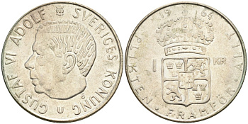 Швеция 1 крона 1964 U, Густав VI Адольф (1950-1973) KM 826 серебро 4542-436