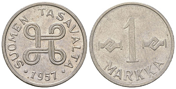 Финляндия 1 марка 1957 KM 36a сталь плакированная железом 4173-1124