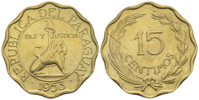 Парагвай 15 сентимо 1953 лев, фригийский колпак на шесте KM 26 алюминиевая бронза  aUNC  4177-1047