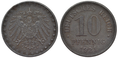 Германия 10 пфеннигов 1921 A KM 20, J. 298 железо 4119-225
