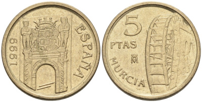 Испания 5 песет 1999 MURCIA, Хуан Карлос I KM 1008 латунь 71-158