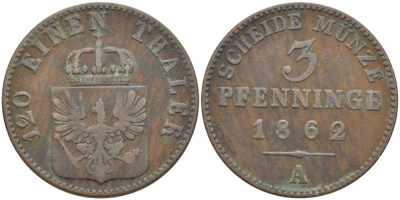 ПРУССИЯ 3 ПФЕННИГА 1862 А, ВИЛЬГЕЛЬМ I (1861-1888) KM 482 медь 117-1053