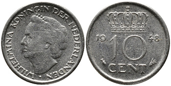 Нидерланды 10 центов 1948 Вильгельмина (1895-1948) KM 177 никель 3458-243