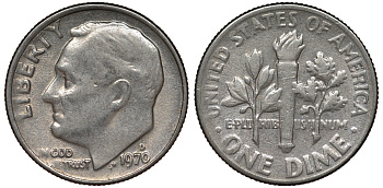 США 10 центов = дайм 1970 D, Рузвельт KM 195а медь плакированная медно-никелем 4124-442