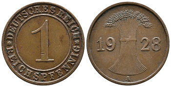 ГЕРМАНИЯ 1 РЕЙХСПФЕННИГ 1928 A KM 37, J. 313 бронза 39-962