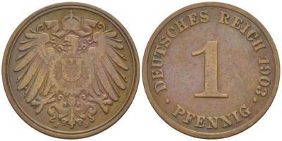 ГЕРМАНИЯ 1 ПФЕННИГ 1903 J KM 10, J. 10, Weege 2 медь 211-314