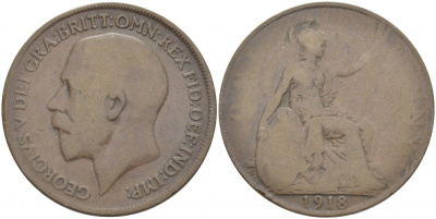 Великобритания 1 пенни 1918 Георг V (1910-1936) KM 810, Spink 4051 бронза 3996-241