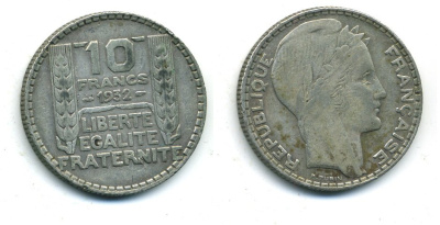 Франция 10 франков 1932 Пьер Тюрен KM 878, Le Franc 360.5 серебро 57-1326