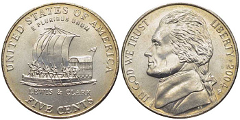 США 5 центов 2004 P, серия 200 лет экспедиции Льюиса и Кларка, лодка KM 361 медно-никель UNC M18-19