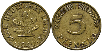ФРГ 5 ПФЕННИГОВ 1949 F KM 102, J. 377 сталь плакированная латунью 4178-243