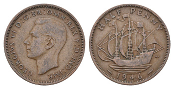 Великобритания 1/2 пенни 1946 Георг VI (1936-1952) KM 844, Spink 4115 бронза    4660-623