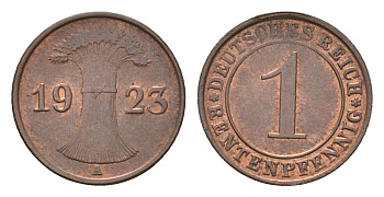 Германия 1 рентенпфенниг 1923 A KM 30, J. 306 бронза aUNC 4669-1244