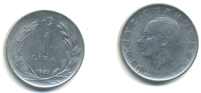 Турция 1 лира 1960 Мустафа Кемаль Ататюрк KM 889а.1 нержавеющая сталь 93-532