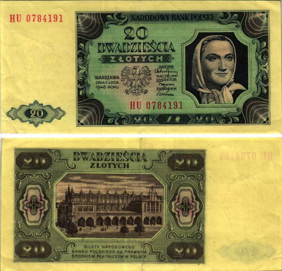 Польша 20 злотых 1948 женщина, торговые ряды в Кракове, 2 буквы в серии Pick 137 (2) бумага 7487-40-2