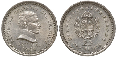Уругвай 25 сентесимо 1960 KM 40 медно-никель 4169-836