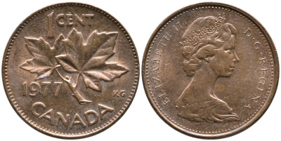Канада 1 цент 1977 Елизавета II (1952-2022), кленовый лист KM 59.1 бронза 4528-743