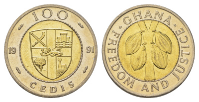 Гана 100 седи 1991 какао KM 32 биметалл UNC M65-10