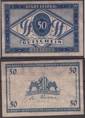 Лейпциг 50 пфеннигов 1920 Grabowski L31.5b бумага 8601-9-2-1