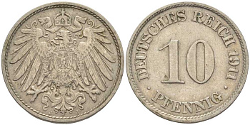 ГЕРМАНИЯ 10 ПФЕННИГОВ 1911 J KM 12, J. 13 медно-никель 31-1133