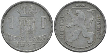 БЕЛЬГИЯ 1 ФРАНК 1942 BELGIQUE-BELGIE, ГЕРМАНСКАЯ ОККУПАЦИЯ, ВТОРАЯ МИРОВАЯ ВОЙНА, ЛЕОПОЛЬД III (1934-1950) KM 127 цинк 119-423