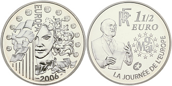 Франция 1 1/2 евро 2006 Декларация Шумана, день Европы 9 мая 1950 года KM 2037 серебро PROOF 01-165-21