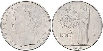 Италия 100 лир 1969 R, АФИНА В ДОСПЕХАХ KM 96.1 нержавеющая сталь 4572-332