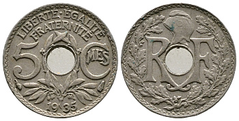 ФРАНЦИЯ 5 САНТИМОВ 1935 ТИП ЛИНДАЙЁ KM 875 медно-никель 4364-1221
