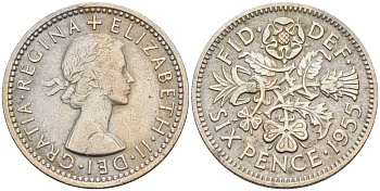 Великобритания 6 пенсов 1955 Елизавета II (1952-2022) KM 903, Spink 4149 медно-никель 4588-524