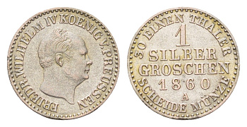 Пруссия 1 серебряный грош 1860 A, Фридрих Вильгельм IV (1840-1861) KM 462 серебро 4044-1444