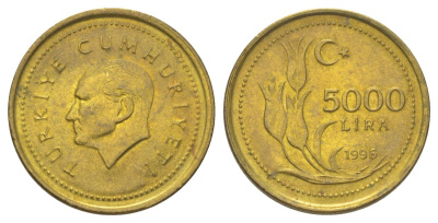 Турция 5000 лир 1995 Мустафа Кемаль Ататюрк KM 1029.1 латунь UNC 4627-955