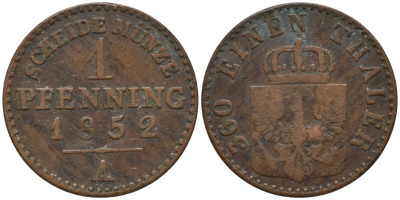 Пруссия 1 пфенниг 1852 A, Фридрих Вильгельм IV (1840-1861) KM 451 медь 4549-1026