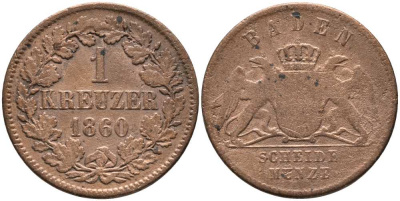Баден 1 крейцер 1860 Великий Герцог Фридрих I (1856-1907) KM 242 медь 117-453