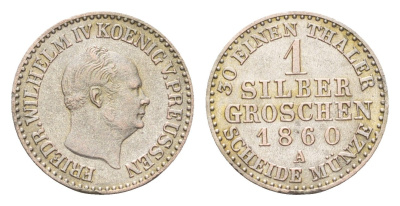 Пруссия 1 серебряный грош 1860 A, Фридрих Вильгельм IV (1840-1861) KM 462 серебро 4044-1444