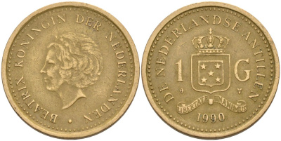 Нидерландские Антилы 1 гульден 1990 Беатрикс (1980-2013) KM 37 позолоченная сталь 210-1252
