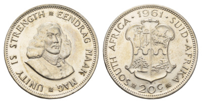ЮАР 20 центов 1961 Ян ван Рибек KM 61 серебро 1525-1042