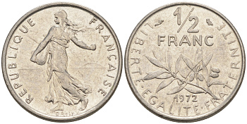 Франция 1/2 франка 1972 сеятель KM 931.1, LE FRANC 198.11 никель 55-224