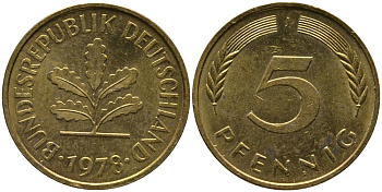 ФРГ 5 пфеннигов 1978 J KM 107, J.382 сталь плакированная латунью 99-116