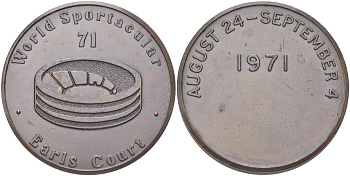 Великобритания медаль "мировое зрелище (World Spectacular), Эрлс-Корт, Лондон, 24 августа — 4 сентября" 1971 вес 28,9 гр, диаметр 39 мм медь UNC 1088-10-31