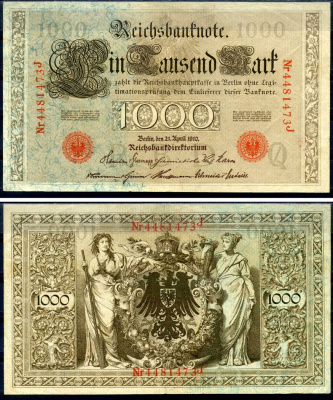 Германия 1000 марок 1910 21 апреля 1910, красная печать, номер семизначный, серия J, буква O, выпуск АПРЕЛЬ - ИЮЛЬ 1918 Pick 44 b бумага 2194-39-2-1