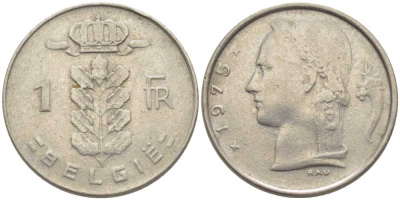 Бельгия 1 франк 1975 Belgie, Бодуэн I (1951-1993) KM 143.1 медно-никель 119-637