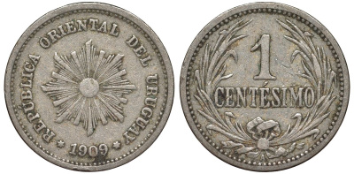 Уругвай 1 сентесимо 1909 KM 19 медно-никель 4169-569