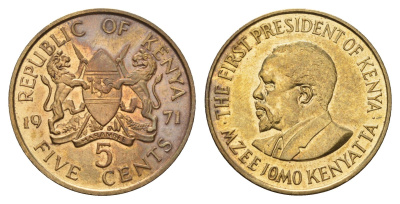 Кения 5 центов 1971 Джомо Кениата KM 10 никель латунь UNC 4114-416
