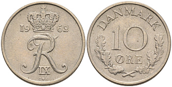 ДАНИЯ 10 ЭРЕ 1962 C; S, ФРЕДЕРИК IX (1947-1972) KM 849.1 медно-никель 4564-1221