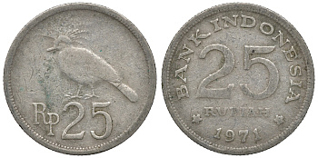 Индонезия 25 рупий 1971 год тип, венценосный голубь KM 34 медно-никель 4118-215