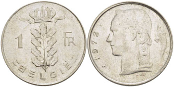 БЕЛЬГИЯ 1 ФРАНК 1972 BELGIE, БОДУЭН I (1951-1993) KM 143.1 медно-никель 3856-136